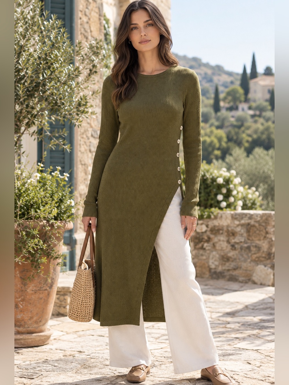 ShopEvelynne Olive Ribbed Asymmetrical Side-Button Midi Dress